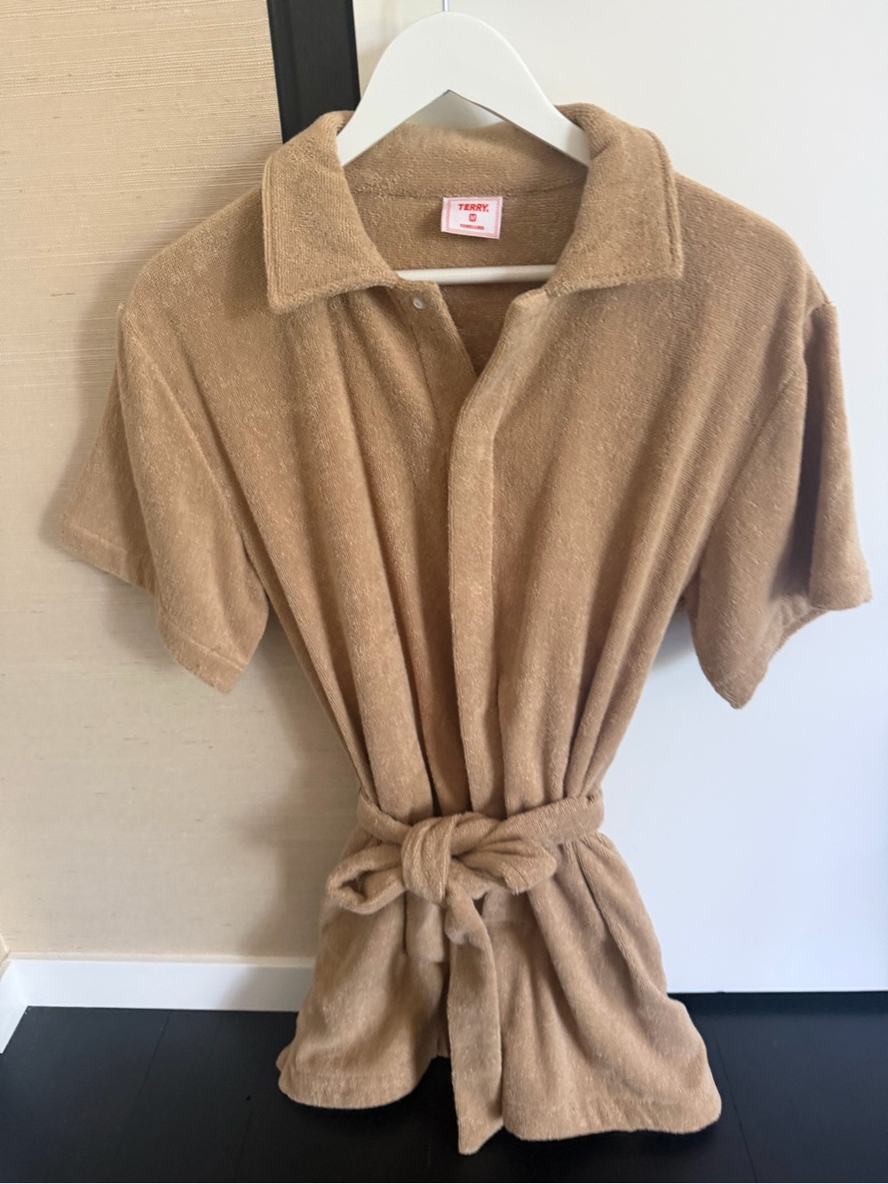 TERRY Tan Terry  Cloth Short Sleeve Romper with Waist Tie
